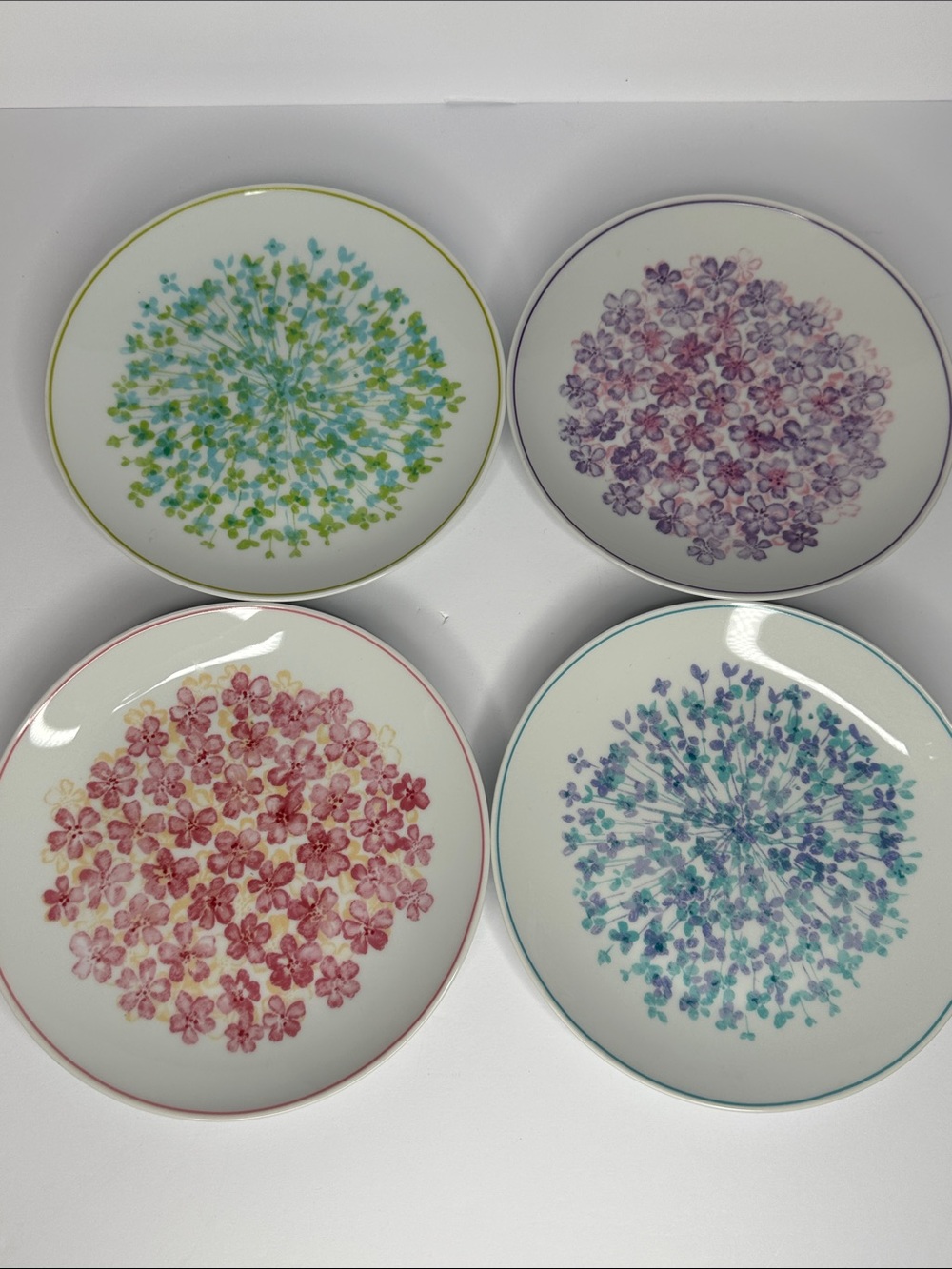 Crate&Barrel Floral Dessert Plates in Green, Purple, Pink, Teal - Set of 4